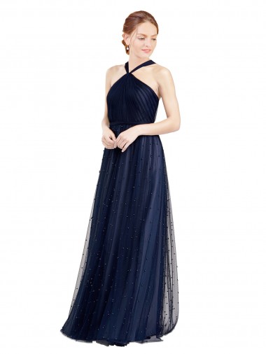 Tulle Halter Neck A-Line Navy Blue Bridesmaid Dress / Evening Dress Derby