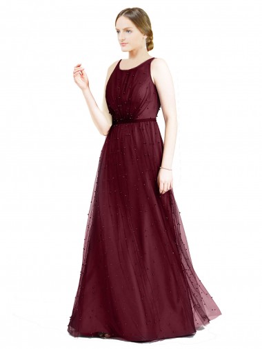 Tulle Boat Neck Keyhole Back A-Line Burgundy Semi Formal Evening Dress / Bridesmaid Dress Derby