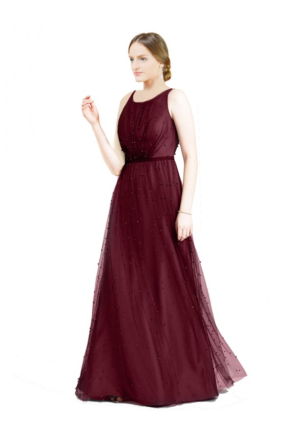 Tulle Boat Neck Keyhole Back A-Line Burgundy Semi Formal Evening Dress / Bridesmaid Dress Derby