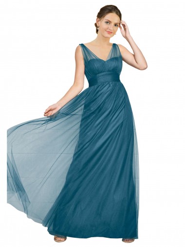 Tulle V-Neck V-Back A-Line Teal Green Bridesmaid Dress Derby