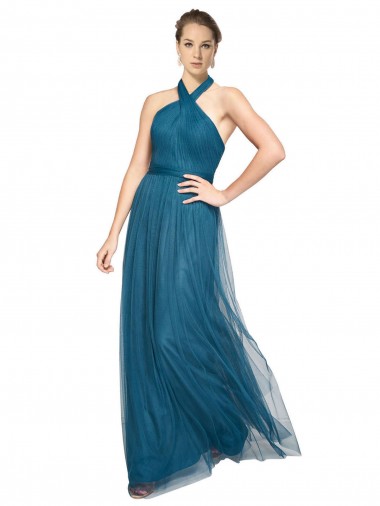 Tulle High Neck Open Back A-Line Teal Green Bridesmaid Dress Derby