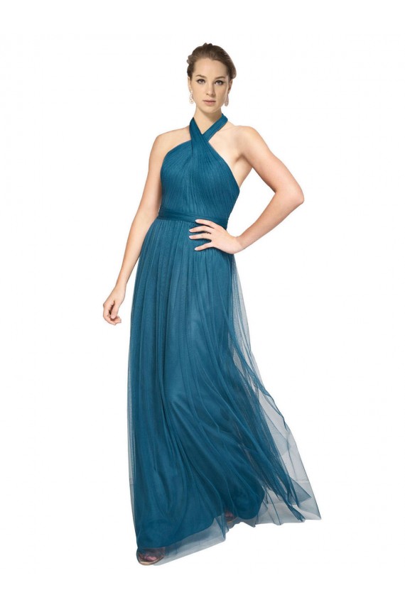 Tulle High Neck Open Back A-Line Teal Green Bridesmaid Dress Derby