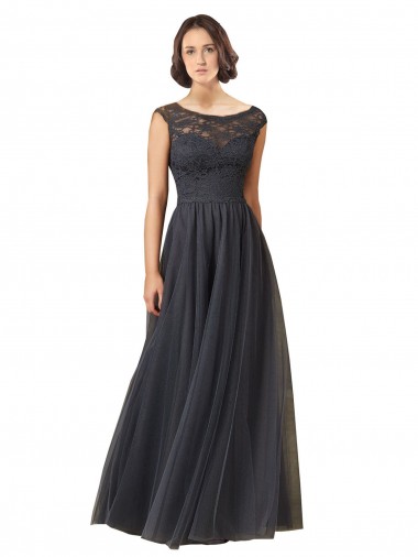 Tulle & Lace Bateau Neck A-Line Slate Grey Bridesmaid Dress Derby