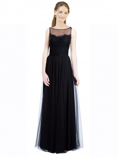 Tulle & Lace Illusion Neck Low Back A-Line Black Bridesmaid Dress Derby