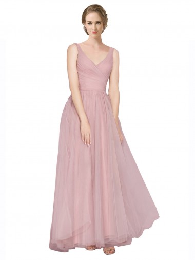 Tulle V-Neck V-Back A-Line Pink Bridesmaid Dress Derby