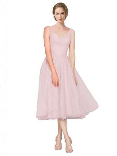 Tulle V-Neck Tea Length A-Line Pink Bridesmaid Dress Derby