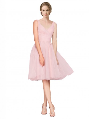 Tulle V-Neck A-Line Pink Bridesmaid Gown Derby