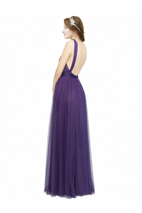 Tulle Bateau Neck Low Back A-Line Purple Bridesmaid Dress Derby