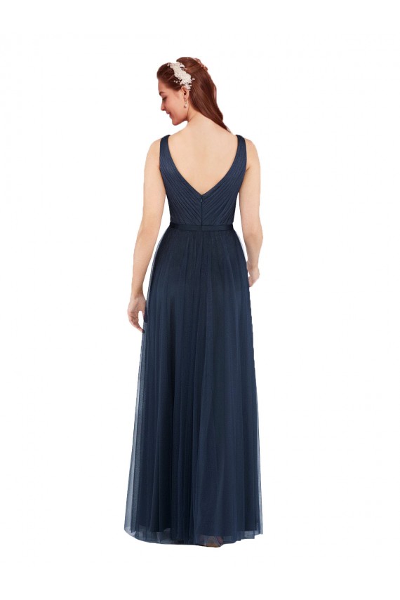 Tulle V-Neck V-Back Sheath Dark Navy Bridesmaid Dress Derby