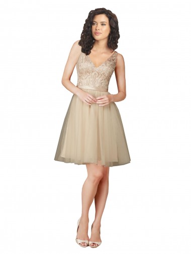 Tulle & Lace V-Neck Knee Length A-Line Champagne Bridesmaid Dress Derby
