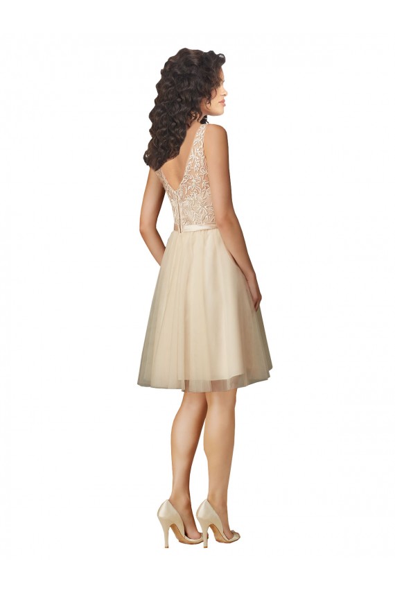 Tulle & Lace V-Neck Knee Length A-Line Champagne Bridesmaid Dress Derby