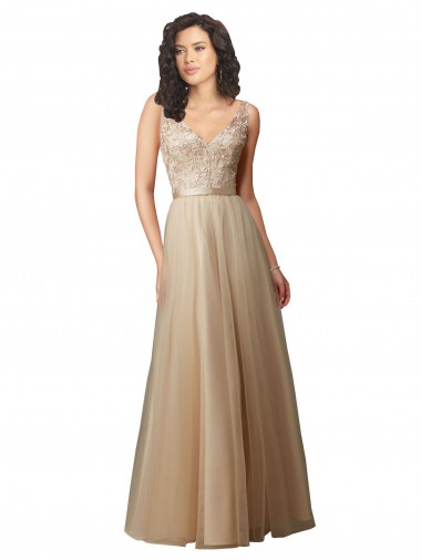 Tulle & Lace V-Neck V-Back A-Line Champagne Bridesmaid Dress Derby