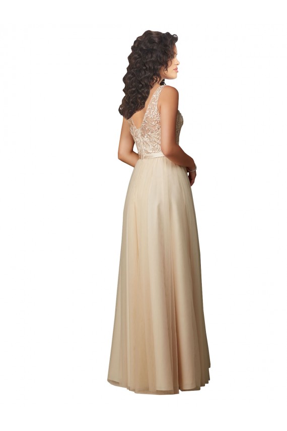 Tulle & Lace V-Neck V-Back A-Line Champagne Bridesmaid Dress Derby