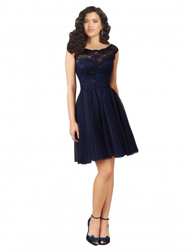 Tulle & Lace Bateau Neck V-Back A-Line Dark Navy Bridesmaid Dress Derby