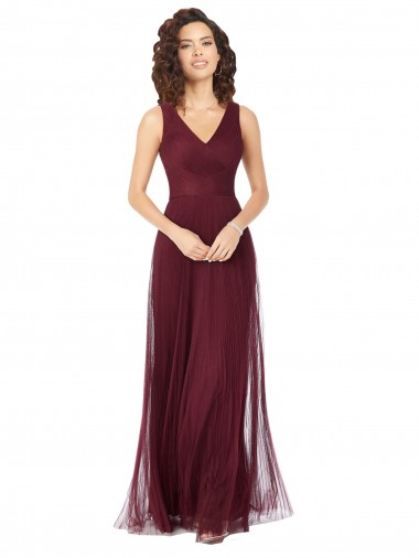 Tulle V-Neck A-Line Burgundy Gold Bridesmaid Dress Derby