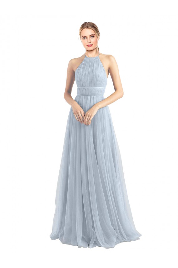 Tulle Halter Neck Open Back A-Line Light Sky Blue Bridesmaid Dress Derby