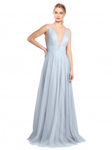 Tulle V-Neck V-Back A-Line Light Sky Blue Bridesmaid Dress Derby