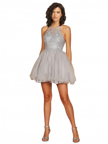 Tulle Halter Neck Open Back A-Line Silver Bridesmaid Dress Derby