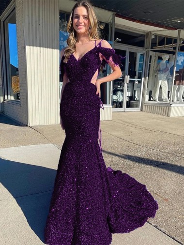 Velvet Sequin V-Neck Sheath Plum Purple Prom Dress / Evening Dress Derby