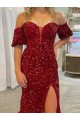 Velvet Sequin Off the Shoulder Sheath Red Prom Dress / Evening Dress Derby