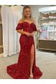 Velvet Sequin Off the Shoulder Sheath Red Prom Dress / Evening Dress Derby