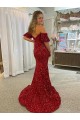 Velvet Sequin Off the Shoulder Sheath Red Prom Dress / Evening Dress Derby