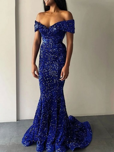 Velvet Sequin Off the Shoulder Mermaid Royal Blue Prom Dresses Derby