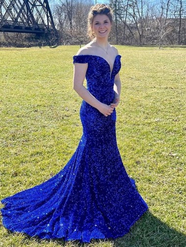 Velvet Sequin Off the Shoulder Sheath Royal Blue Prom Dress Derby