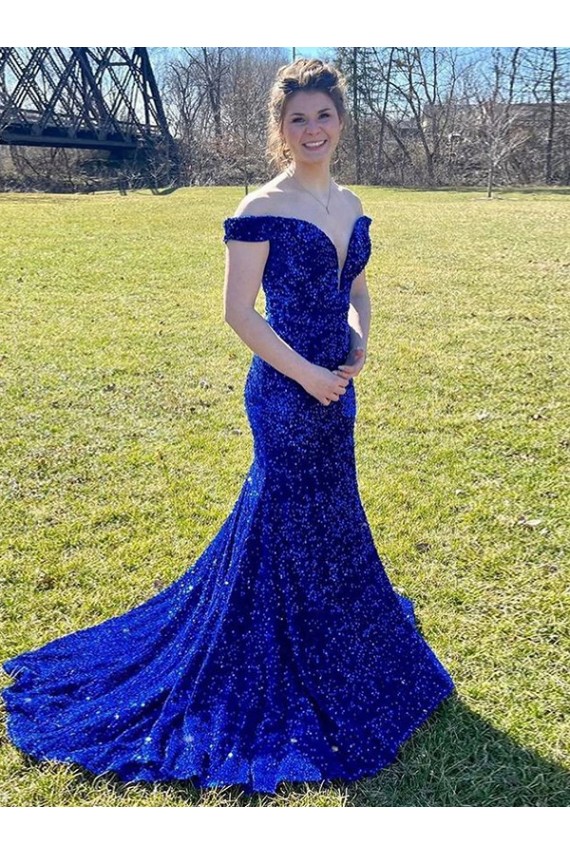 Velvet Sequin Off the Shoulder Sheath Royal Blue Prom Dress Derby