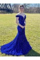 Velvet Sequin Off the Shoulder Sheath Royal Blue Prom Dress Derby