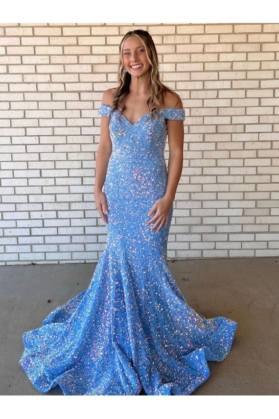 Velvet Sequin Off the Shoulder Mermaid Periwinkle Prom Dress / Evening Dress Derby