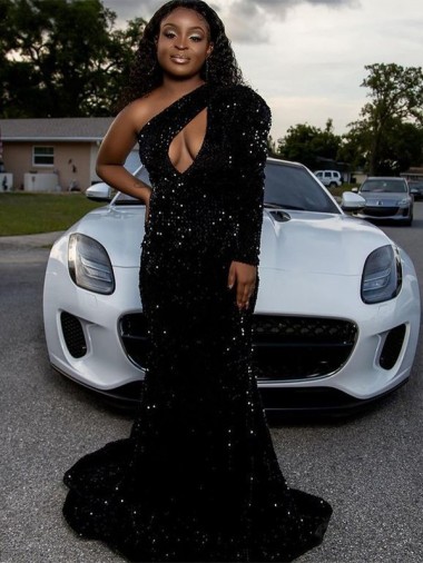 Velvet Sequin One Shoulder Sheath Black Prom Dress Derby