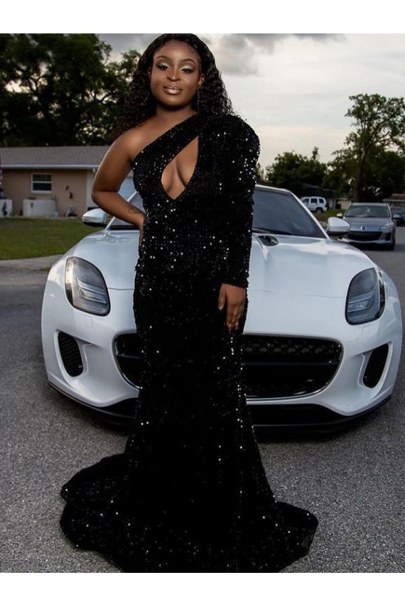 Velvet Sequin One Shoulder Sheath Black Prom Dress Derby