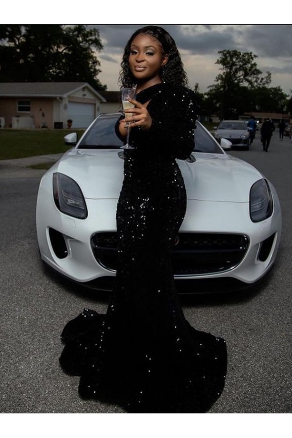 Velvet Sequin One Shoulder Sheath Black Prom Dress Derby