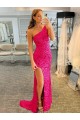 Velvet Sequin One Shoulder Sheath Fuchsia Evening Dress Derby