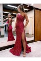 Velvet Sequin One Shoulder Mermaid Burgundy Evening Dress Derby
