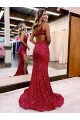 Velvet Sequin One Shoulder Mermaid Burgundy Evening Dress Derby