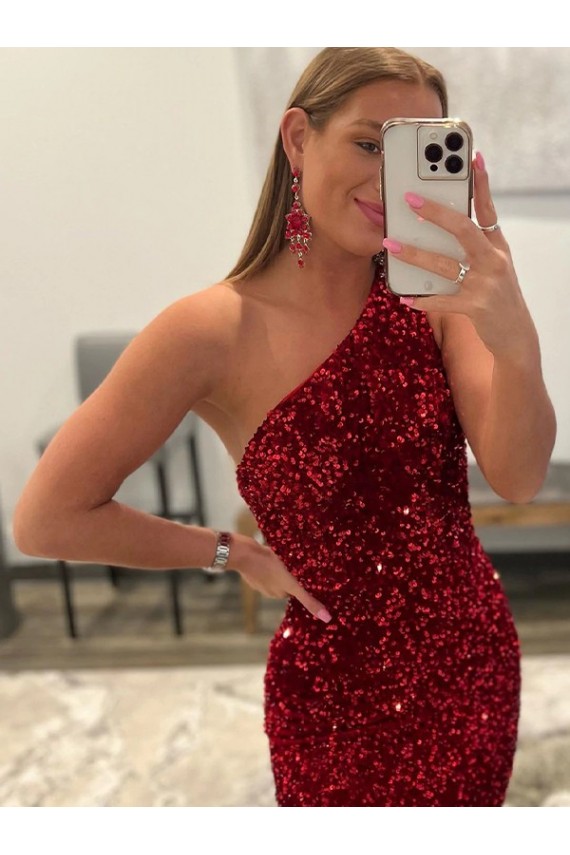 Velvet Sequin One Shoulder Sheath Pink Prom Dress Derby
