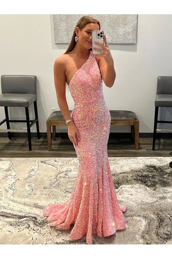 Velvet Sequin One Shoulder Sheath Pink Prom Dress Derby