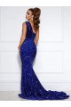 Velvet Sequin One Shoulder Mermaid Royal Blue Prom Dress / Evening Dress Derby