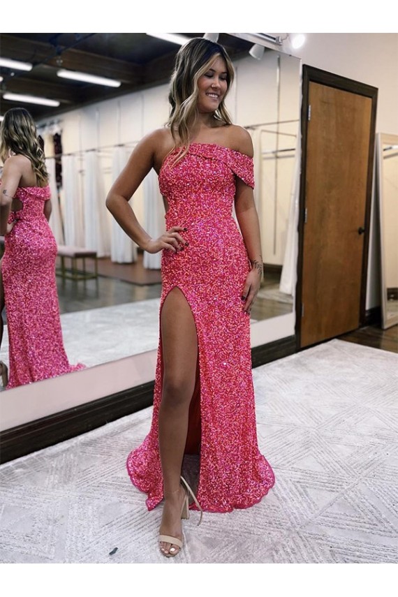 Velvet Sequin One Shoulder Sheath Fuchsia Evening Gown Derby