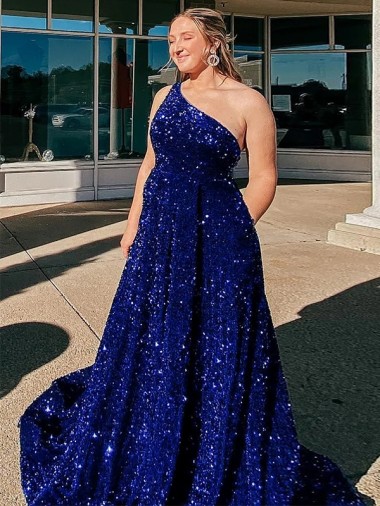 Velvet Sequin One Shoulder A-Line Royal Blue Prom Dress / Evening Gown Derby