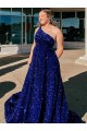 Velvet Sequin One Shoulder A-Line Royal Blue Prom Dress / Evening Gown Derby