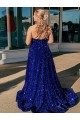 Velvet Sequin One Shoulder A-Line Royal Blue Prom Dress / Evening Gown Derby