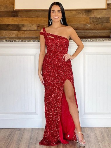 Velvet Sequin One Shoulder Sweep Train Sheath Burgundy Prom Dress Derby