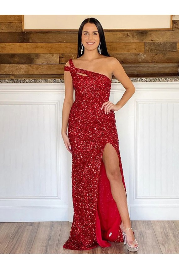 Velvet Sequin One Shoulder Sweep Train Sheath Burgundy Prom Dress Derby
