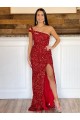 Velvet Sequin One Shoulder Sweep Train Sheath Burgundy Prom Dress Derby