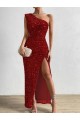 Velvet Sequin One Shoulder Sheath Red Prom Dress / Evening Dress Derby