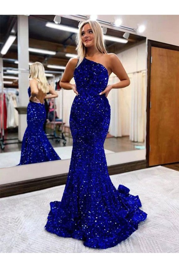 Velvet Sequin One Shoulder Mermaid Royal Blue Prom Dress Derby