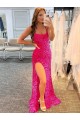 Velvet Sequin Spaghetti Straps Sheath Fuchsia Prom Dress / Evening Gown Derby
